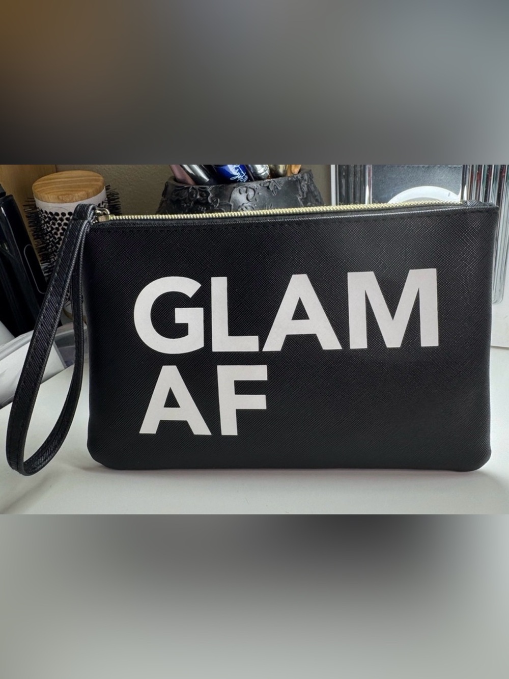 3/$15 Glam AF Makeup Bag with Handle Strap Black w/ Golden Zipper Closure